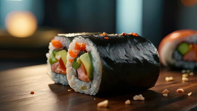 beautifully presented sushi roll placed on a wooden surface. The sushi is meticulously crafted, with visible ingredients including shrimp, avocado, and rice wrapped in seaweed.