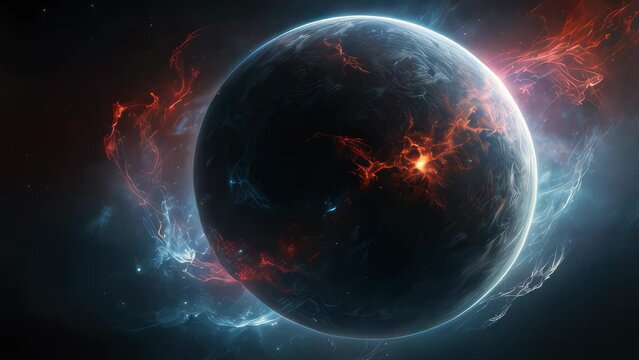 mesmerizing cosmic scene, a dark planet occupies the center of the frame. Its surface is barely visible amidst the vastness of space