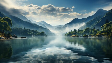 Serene lake reflecting the surrounding mountains and sky at dawn, mist hovering over the water, capturing the peacefulness and symmetry of natural lan - obrazy, fototapety, plakaty