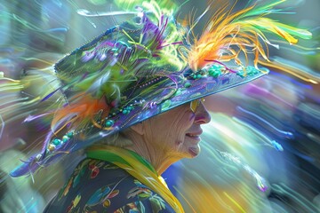 Portrait of an elderly woman in a beautiful, colorful, fashionable hat. A woman in a stylish hat. Side view. Close-up.