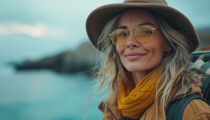 Stylish Female Explorer with Hat and Sunglasses Overlooking a Mountain Lake