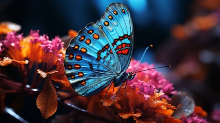 Macro shot of a butterfly on a vibrant flower, detailed textures of the wings, colorful petals, conveying the delicate interaction of insects and flor - obrazy, fototapety, plakaty