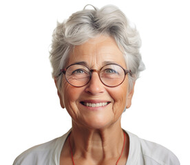 Portrait of a smiling senior woman with white hair and glasses, cut out