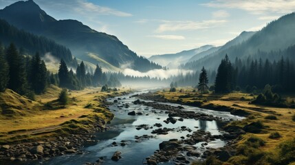 Misty morning in a mountain valley, layers of fog between the peaks, a serene lake visible, conveying the mystical and quiet beauty of mountain landsc - obrazy, fototapety, plakaty