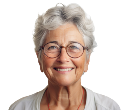 Portrait of a smiling senior woman with white hair and glasses, cut out