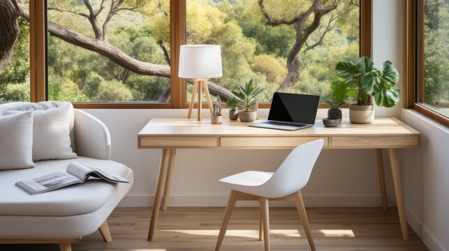 Minimalist home office setup, white desk with a sleek laptop, abstract art on the wall, large window with natural light, emphasizing simplicity and fo