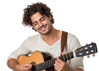 Cheerful young man with wavy hair holds and plays an acoustic guitar, looking relaxed and happy, cut out