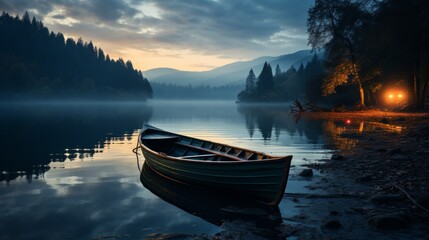 Wooden rowboat on a calm lake at twilight, oars and a lantern, surrounded by mist, symbolizing a quiet and romantic escape, Photorealistic, romantic b - obrazy, fototapety, plakaty
