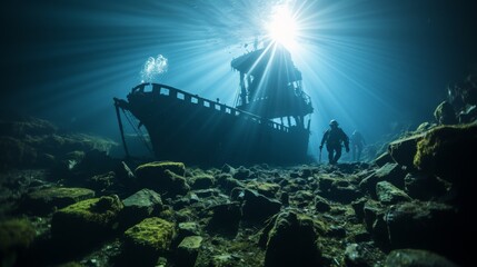 Underwater shot of a diver exploring a sunken ship, mysterious and eerie ambiance, light beams penetrating the water, emphasizing the adventure of div - obrazy, fototapety, plakaty