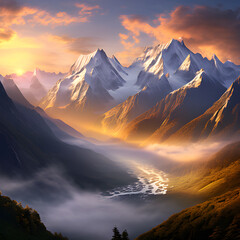 A photorealistic image of a majestic mountain range bathed in the golden light of sunrise with mis2