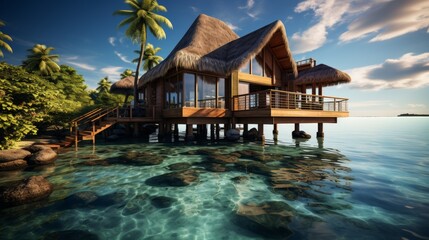 Overwater bungalow in a tropical lagoon, clear blue water, focus on the unique and luxurious accommodation style, symbolizing the dream of tropical li