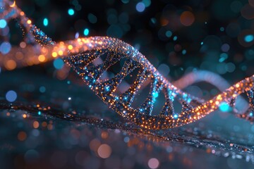 Abstract representation of a double-helix DNA strand transforming into a digital code, symbolizing the genetic inheritance and technological advancements shaping our future