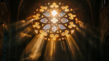Obraz premium Sunlight streaming through a cathedrals rose window illuminating stories