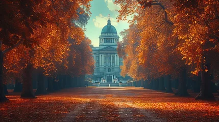 Poster Majestic government style building with dome surrounded by autumn trees with golden leaves concept: materials on history and architecture, publications about the political and cultural life of the cit © Kostya