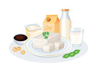 Soy products, tofu, milk, yogurt, soy sauce bowl vector illustration. Soy foods icon set isolated on a white background. Plant-based food and drink drawing. Natural tofu cubes on a plate vector