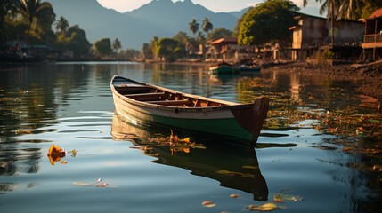 Quiet fishing village at sunrise, boats moored near the shore, serene atmosphere, focusing on the simplicity and beauty of coastal life in the tropics - obrazy, fototapety, plakaty