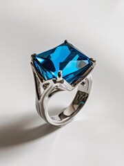 Silver ring with blue sapphire gemstone on white background.