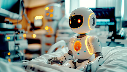 Robot, patient, lying in a hospital bed.