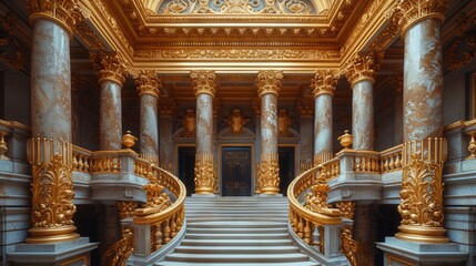 Luxurious interior in classic style with double staircase leading to large doors. The interior is decorated with a rich golden pattern Concept: hotels or restaurants, covers of books and albums on art - obrazy, fototapety, plakaty