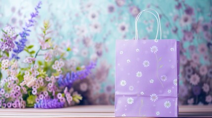 Fototapeta premium Shopping paper bag with spring flowers. Template for your promotional design.