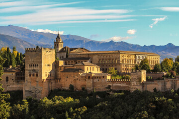 Albacin old town roofs background top view from the Generalife gardens, Alhambra castle, Andalusia,...