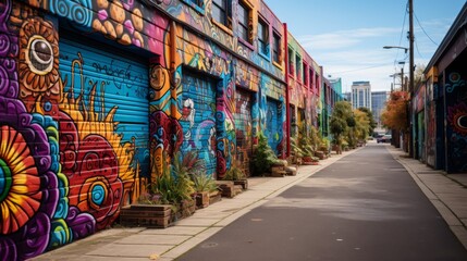 Street art and graffiti in a vibrant urban alley, colorful murals, no people, showcasing the cultural and artistic expression in cityscapes, Photoreal - obrazy, fototapety, plakaty