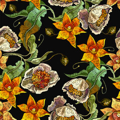 Embroidery yellow narcissuses and white peonies flowers, fashion floral seamless pattern. Beautiful spring daffodils on black background. Botanical vector illustration. Template for clothes, textiles - 739248589