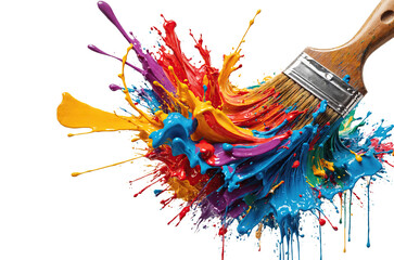 Paint brush with colorful paint splash, isolated background. Transparent PNG