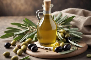olive oil is in a bottle on the table, olives are lying next to it