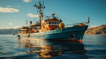 Obraz premium Research vessel on the open ocean, various scientific equipment visible on deck, calm sea, symbolizing exploration and study in oceanography, Photorea