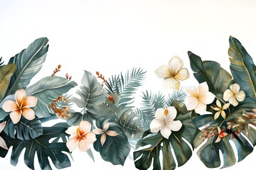 A composition of tropical branches and flowers on white background. Space for text.