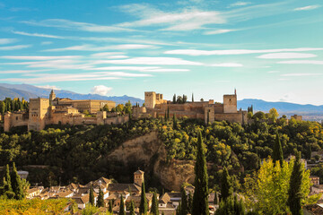 Granada. Fortress wall with towers in the ancient palace complex of the Alhambra.