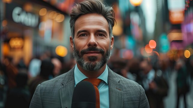 A man in an elegant business suit stands against a busy cityscape. Concept: dedicated to business lifestyle, personal branding and social media influence.
