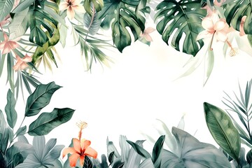 The frame of tropical palm leaves and flowers with space for text.