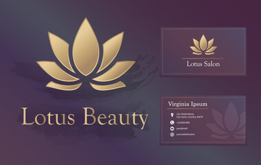 Beauty or spa salon, yoga, wellness, meditation logo with business card design. Lotus luxury gold flower matte vector logo
