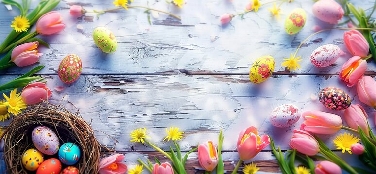 Easter Elegance - Painted Eggs Nestled in a Basket, Accompanied by Tulips, Arranged on a White Plank for a Charming Celebration. Made with Generative AI Technology