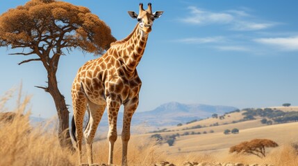 Giraffe grazing on tall trees, vast open plains in the background, clear blue sky, showcasing the unique and graceful wildlife of the savannah, Photor