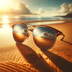 Fototapeta na wymiar sunglasses on the beach, sky reflection