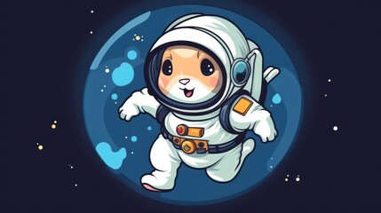 Cartoon illustration of a cute rabbit bunny astronaut surfing in space, science themed fun for kids.