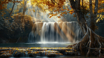 Sunlit Autumn Waterfall in Tranquil Forest