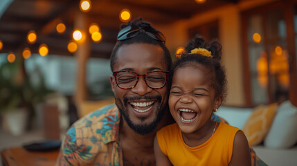 Herzliches Lachen: Ein Vater und seine Tochter teilen einen fröhlichen Moment - obrazy, fototapety, plakaty