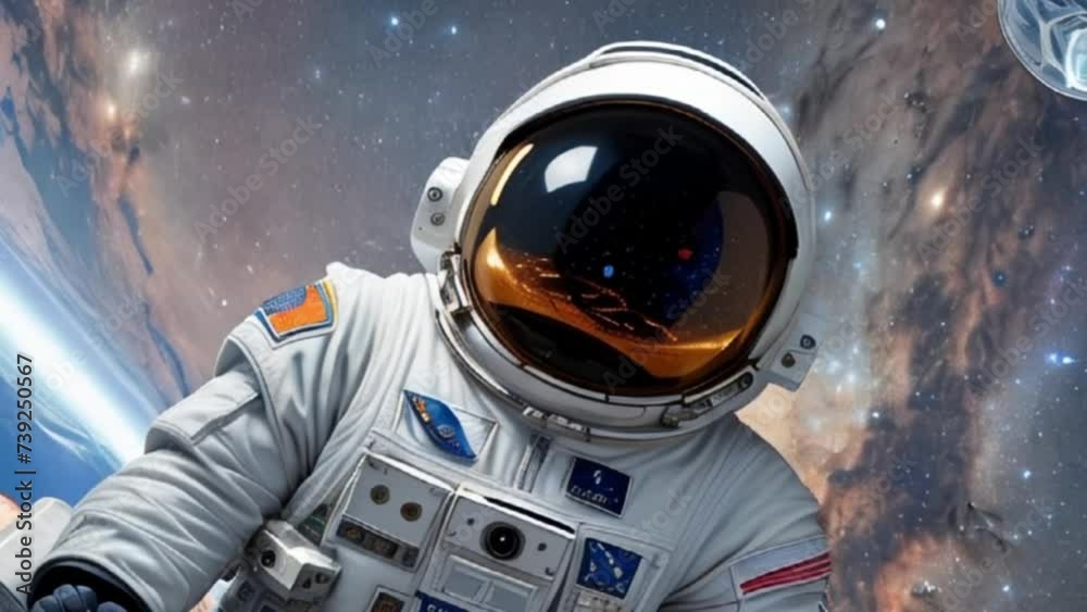 Wall mural video. an astronaut in a spacesuit close-up in outer space. ai generative.