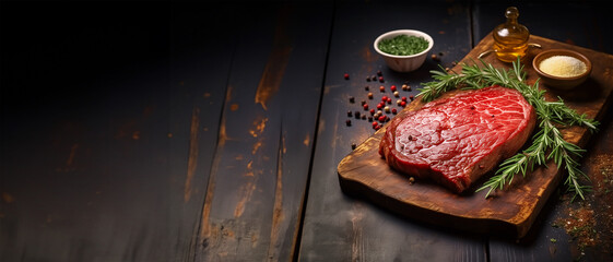 Raw beef steak on cutting board with knife and ingredients, banner - obrazy, fototapety, plakaty