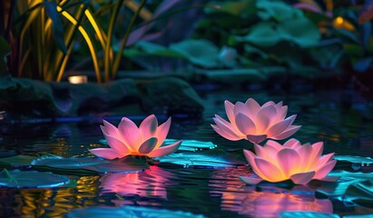 Glowing lotuses on the water. The concept of tranquility and meditation.