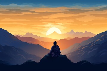 a person sitting on a mountain looking at the sun - obrazy, fototapety, plakaty