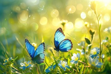 Two beautiful blue butterflies fly over the meadow.