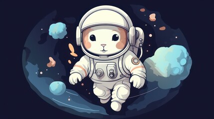 Fototapeta premium Cartoon illustration of a cute rabbit bunny astronaut surfing in space, science themed fun for kids.