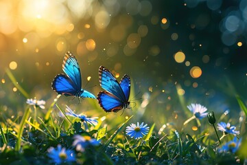 Blue butterflies flutter over a meadow in spring in summer in nature outdoors in the sunlight.