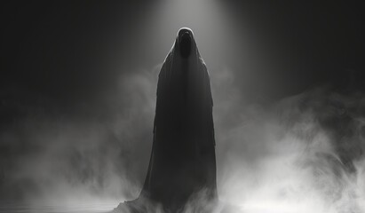 Mysterious cloaked figure in the fog. The concept of the supernatural. - obrazy, fototapety, plakaty