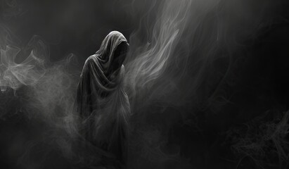 Mysterious cloaked figure in the fog. The concept of secrecy and the supernatural. - obrazy, fototapety, plakaty